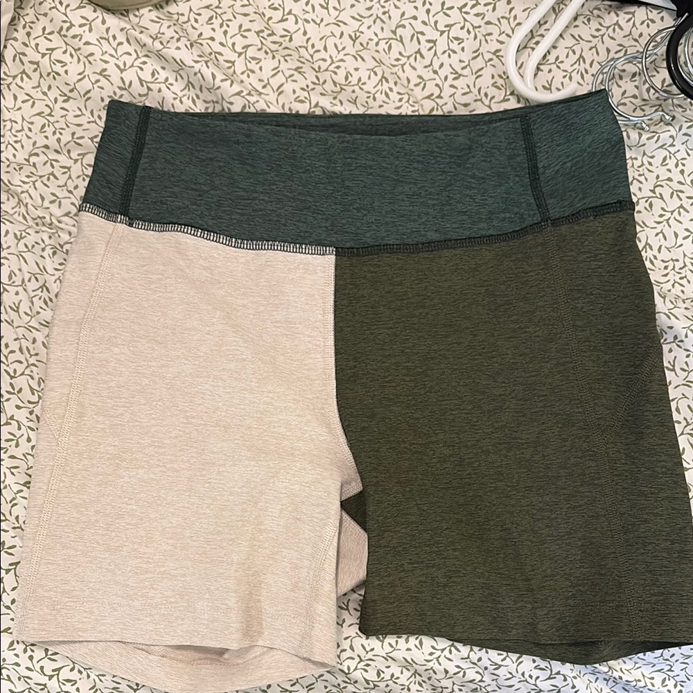 Outdoor Voices Green and Cream Bike Shorts with Color-Block Design